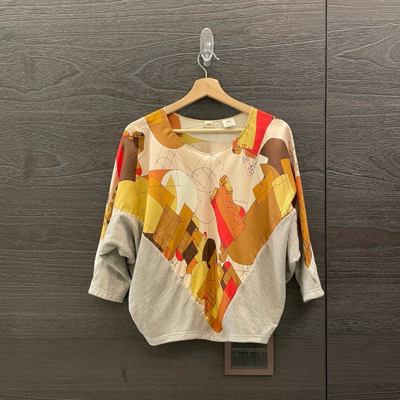 Hermes 愛馬仕 Twill Reine 系列幾何拼接上衣/絲巾上衣/36號/98新美品-0