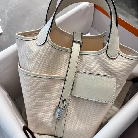 Hermes • Picotin 18 Nata Cargo 帆布拼皮奶油白金釦 大全配附購證