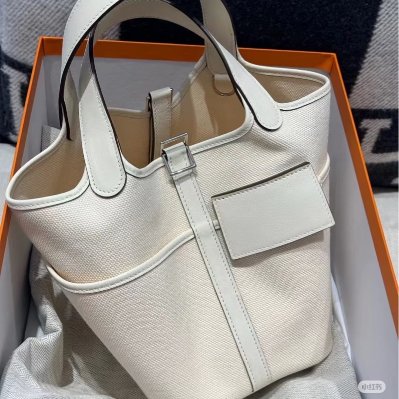Hermes • Picotin 18 Nata Cargo 帆布拼皮奶油白金釦 大全配附購證-1