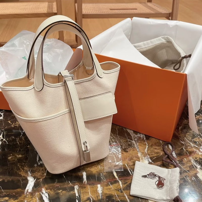 Hermes • Picotin 18 Nata Cargo 帆布拼皮奶油白金釦 大全配附購證-2