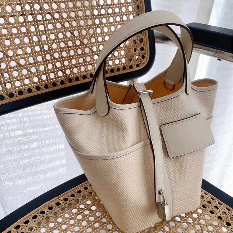 Hermes • Picotin 18 Nata Cargo 帆布拼皮奶油白金釦 大全配附購證-3