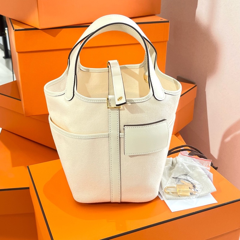 Hermes • Picotin 18 Nata Cargo 帆布拼皮奶油白金釦 大全配附購證-6
