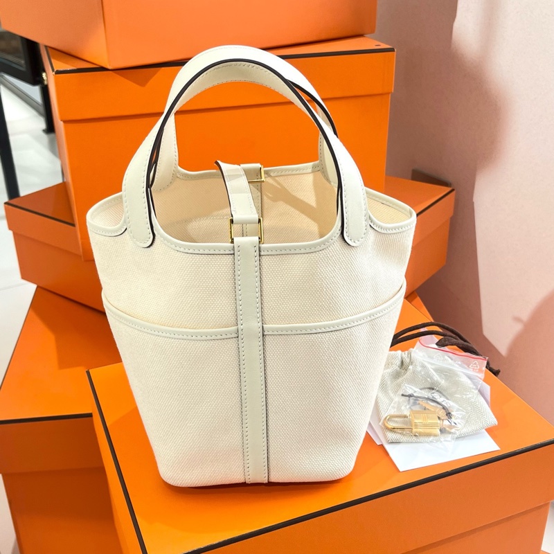 Hermes • Picotin 18 Nata Cargo 帆布拼皮奶油白金釦 大全配附購證-7