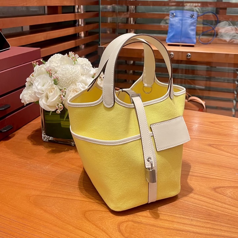 Hermes • Picotin 18 Nata Cargo 帆布拼皮檸檬黃銀釦 大全配附購證-1