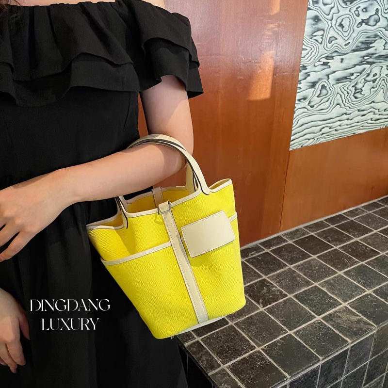 Hermes • Picotin 18 Nata Cargo 帆布拼皮檸檬黃銀釦 大全配附購證-2