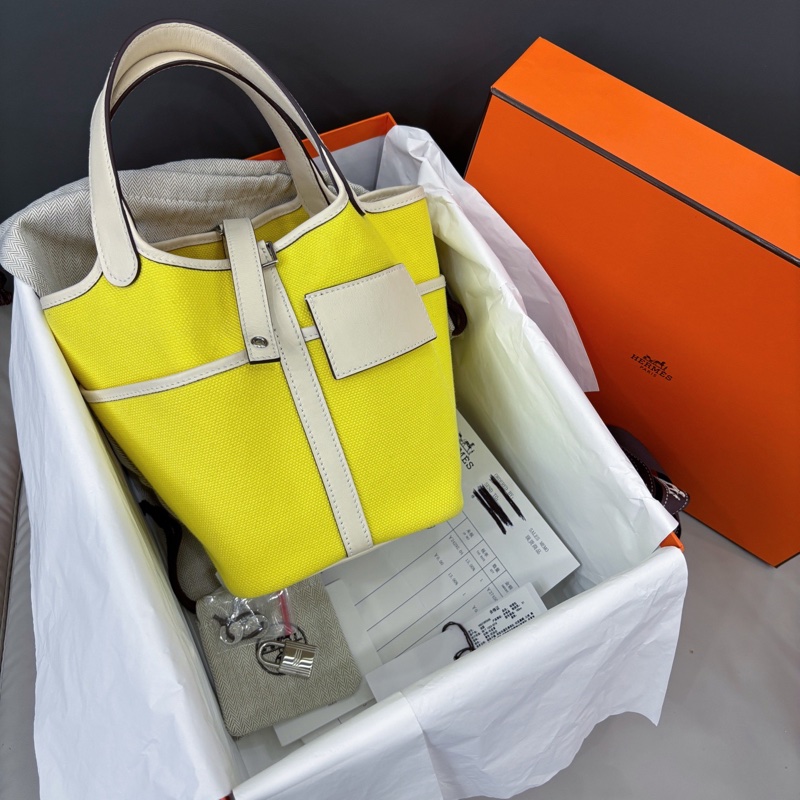 Hermes • Picotin 18 Nata Cargo 帆布拼皮檸檬黃銀釦 大全配附購證-3