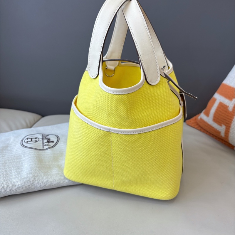 Hermes • Picotin 18 Nata Cargo 帆布拼皮檸檬黃銀釦 大全配附購證-4