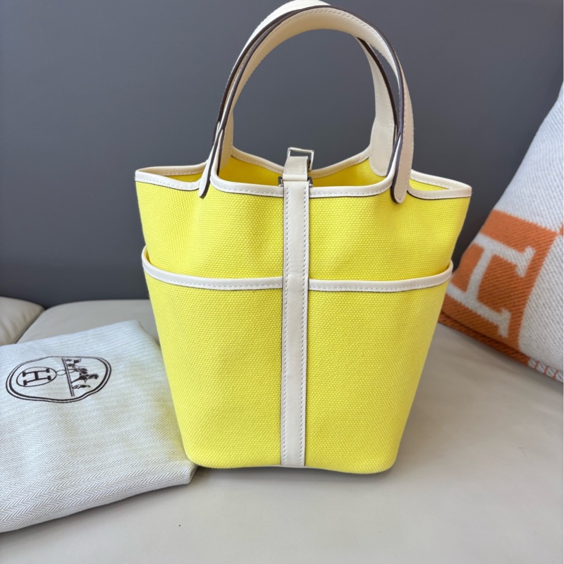 Hermes • Picotin 18 Nata Cargo 帆布拼皮檸檬黃銀釦 大全配附購證-5