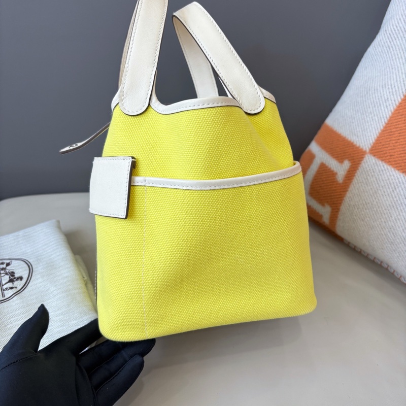 Hermes • Picotin 18 Nata Cargo 帆布拼皮檸檬黃銀釦 大全配附購證-6