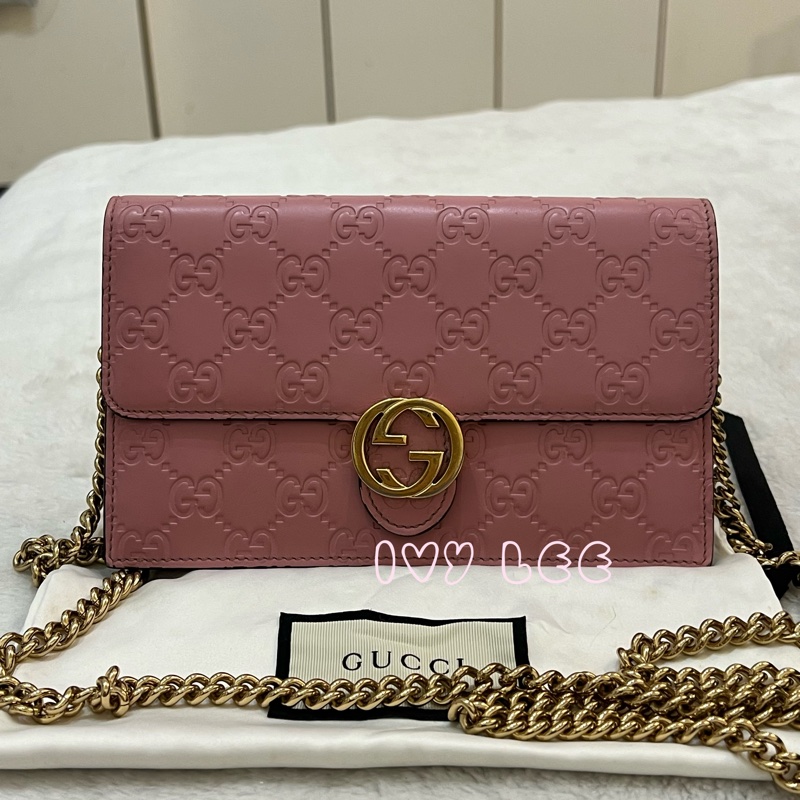 Gucci 牛皮 wallet on chain 金扣 粉紅 鏈條 斜背包 肩背包 409340 正品 二手商品-0