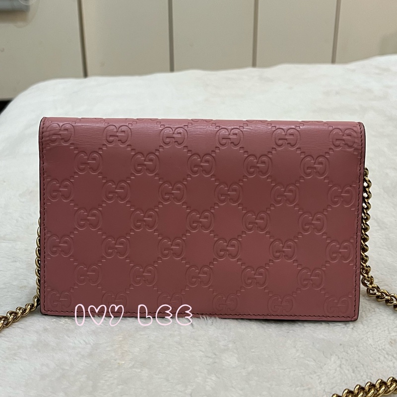 Gucci 牛皮 wallet on chain 金扣 粉紅 鏈條 斜背包 肩背包 409340 正品 二手商品-1