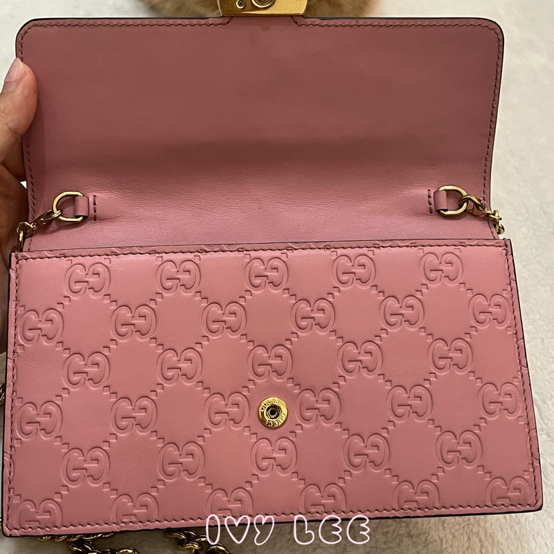 Gucci 牛皮 wallet on chain 金扣 粉紅 鏈條 斜背包 肩背包 409340 正品 二手商品-3