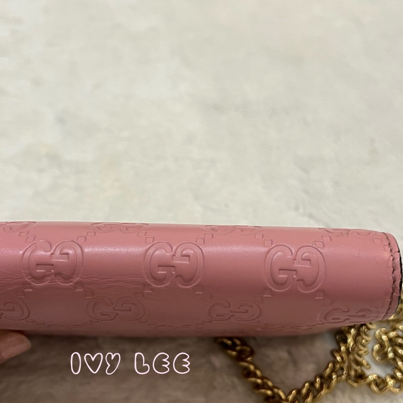 Gucci 牛皮 wallet on chain 金扣 粉紅 鏈條 斜背包 肩背包 409340 正品 二手商品-28