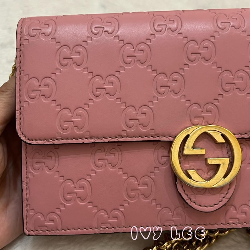 Gucci 牛皮 wallet on chain 金扣 粉紅 鏈條 斜背包 肩背包 409340 正品 二手商品-31