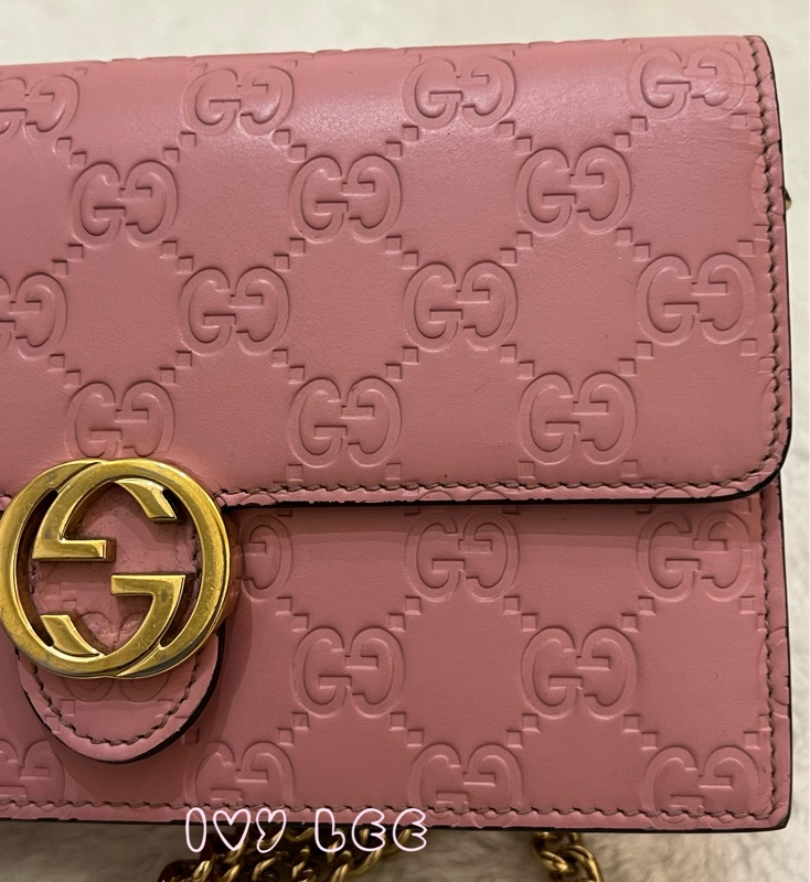 Gucci 牛皮 wallet on chain 金扣 粉紅 鏈條 斜背包 肩背包 409340 正品 二手商品-32