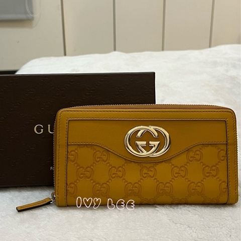GUCCI 308012  ㄇ型拉鍊 GG壓紋 長夾 黃 正品 二手精品