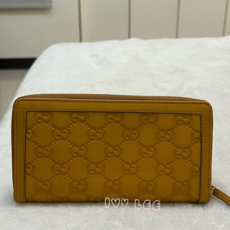 GUCCI 308012  ㄇ型拉鍊 GG壓紋 長夾 黃 正品 二手精品-1