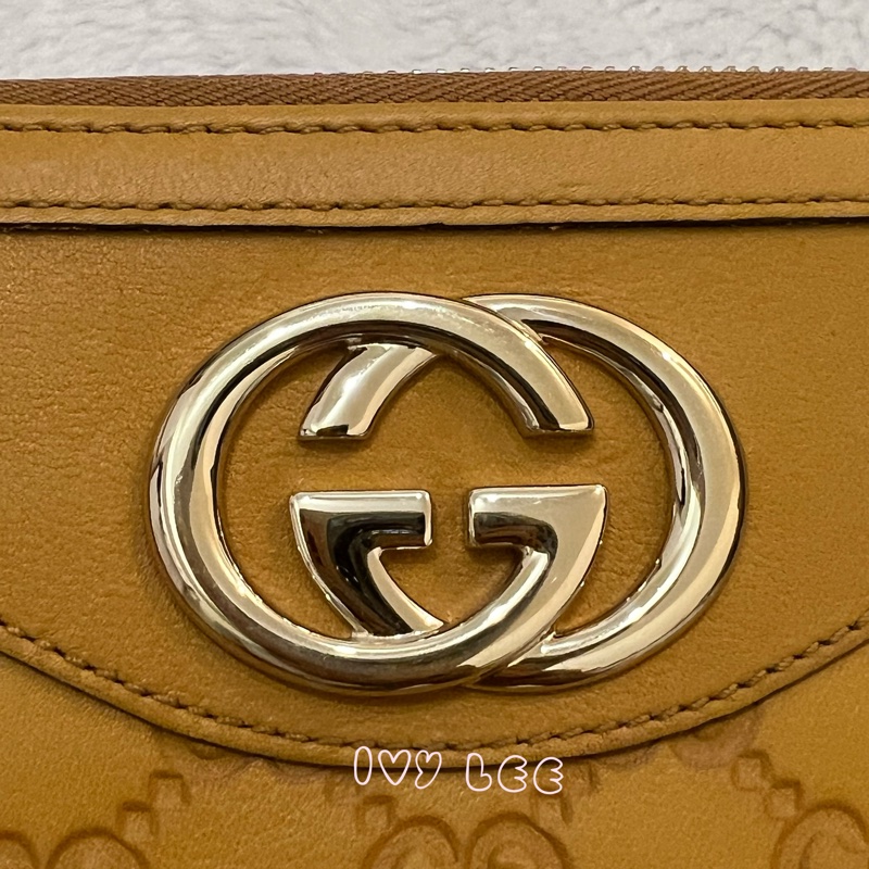 GUCCI 308012  ㄇ型拉鍊 GG壓紋 長夾 黃 正品 二手精品-2