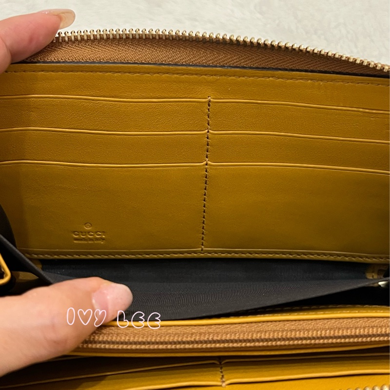 GUCCI 308012  ㄇ型拉鍊 GG壓紋 長夾 黃 正品 二手精品-4