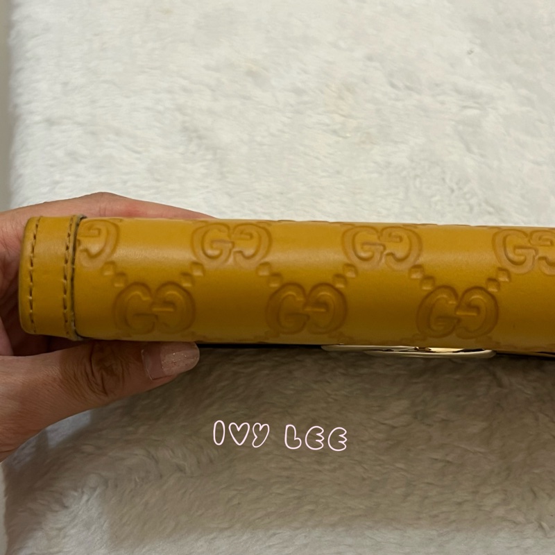 GUCCI 308012  ㄇ型拉鍊 GG壓紋 長夾 黃 正品 二手精品-17