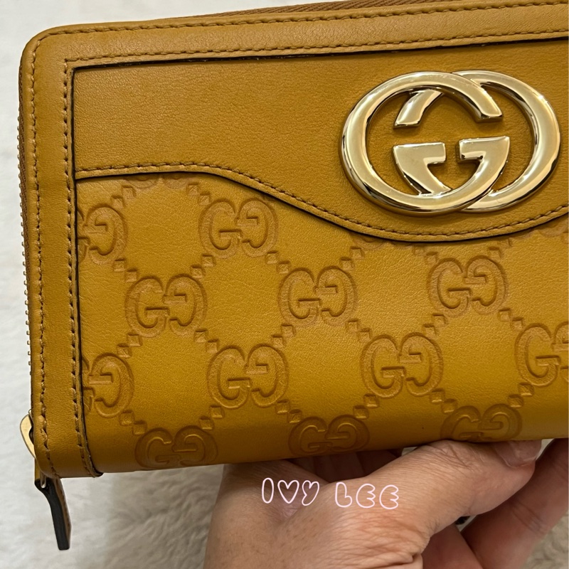 GUCCI 308012  ㄇ型拉鍊 GG壓紋 長夾 黃 正品 二手精品-23
