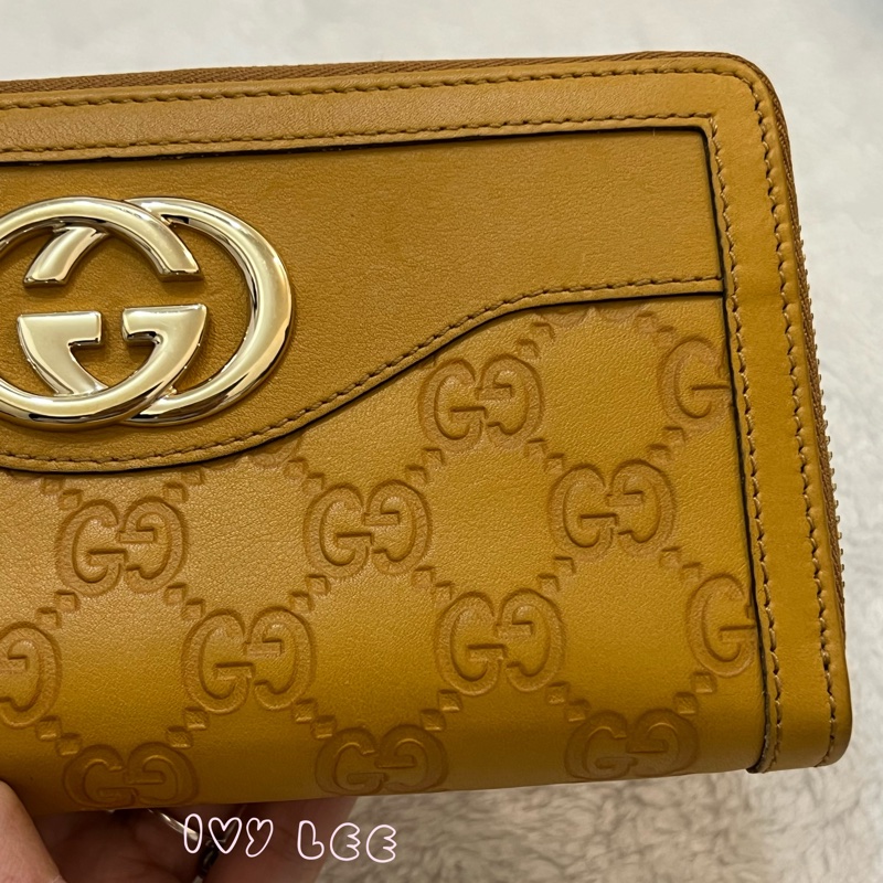 GUCCI 308012  ㄇ型拉鍊 GG壓紋 長夾 黃 正品 二手精品-24