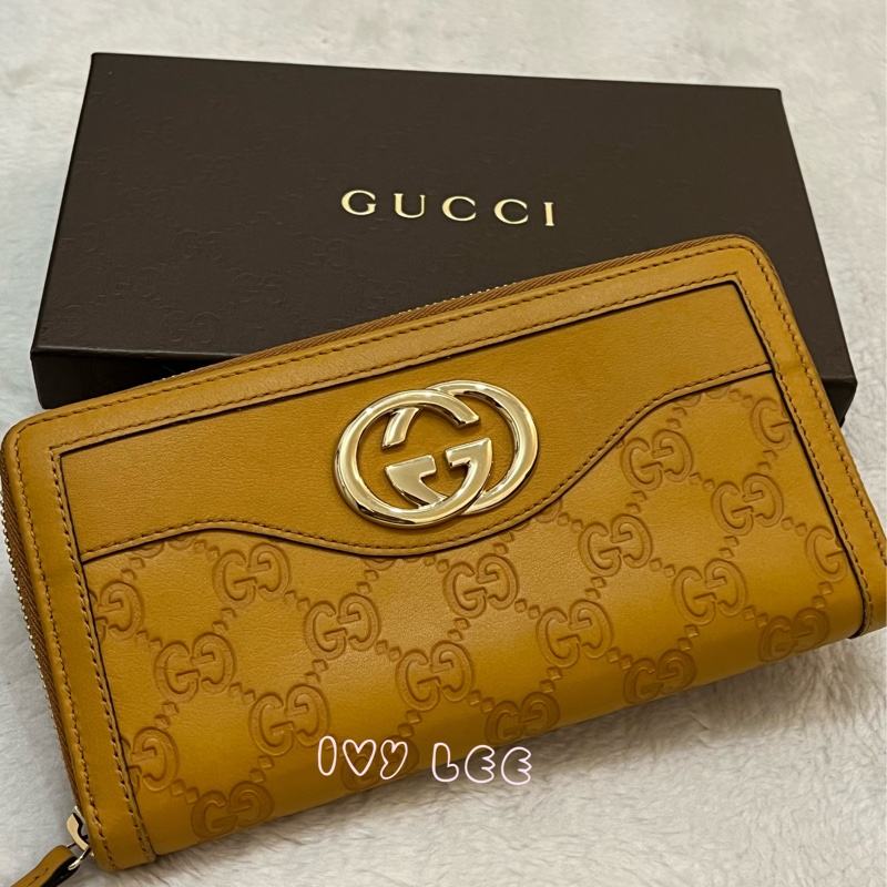 GUCCI 308012  ㄇ型拉鍊 GG壓紋 長夾 黃 正品 二手精品-25