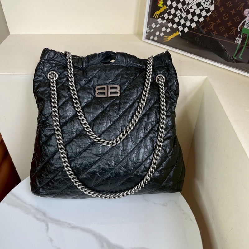 帥度拉滿😎男女都適🈴Balenciaga巴黎世家Crush黑銀油蠟皮中號垃圾袋單肩手提包-3