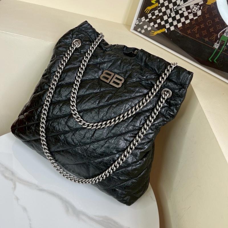 帥度拉滿😎男女都適🈴Balenciaga巴黎世家Crush黑銀油蠟皮中號垃圾袋單肩手提包-6