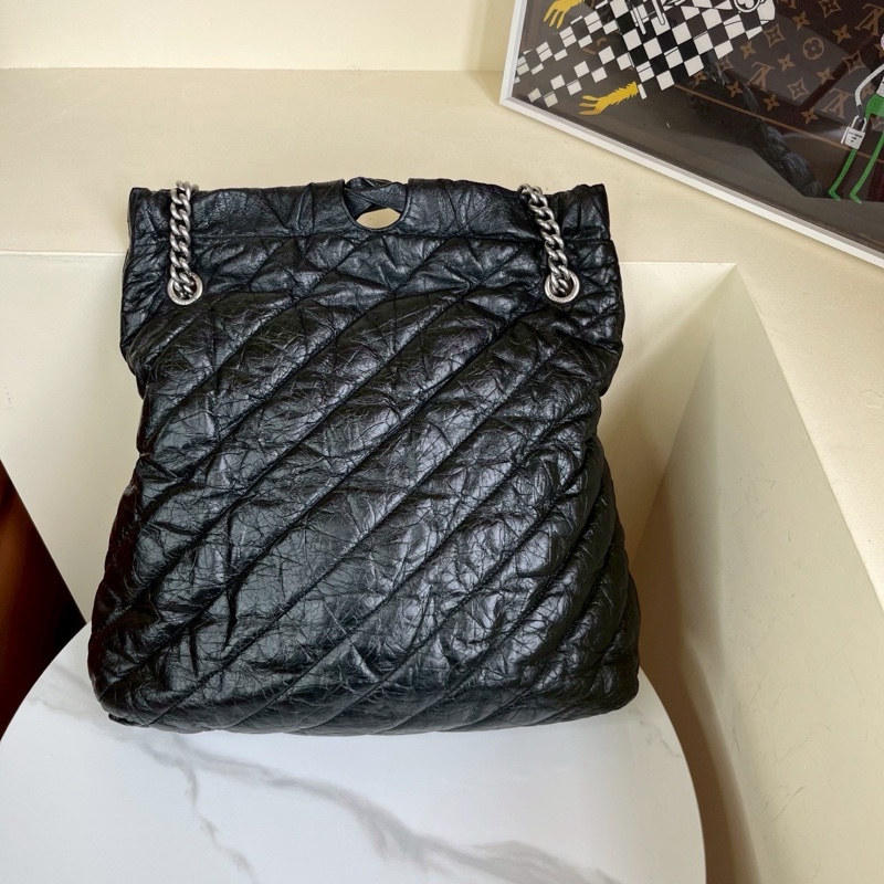 帥度拉滿😎男女都適🈴Balenciaga巴黎世家Crush黑銀油蠟皮中號垃圾袋單肩手提包-7