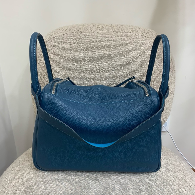 Hermes Lindy30 藍色銀扣 筐R 14年 鴨子藍拼湖水藍 配件：塵袋-1