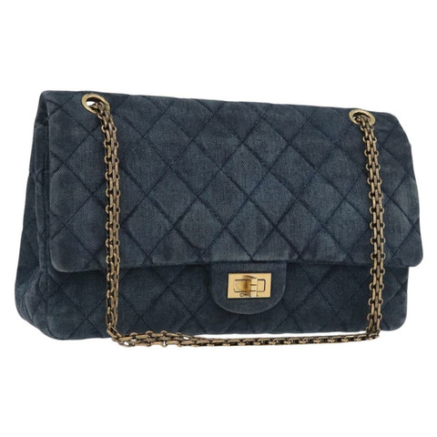 香奈兒雙蓋鏈條絎縫肩背包 牛仔藍 金色雙C標誌 正品 ki6569SAM