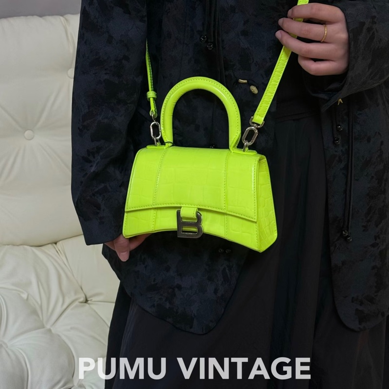 Balenciaga • Hourglass螢光綠鱷魚壓紋牛皮沙漏包銀釦 Xs-1