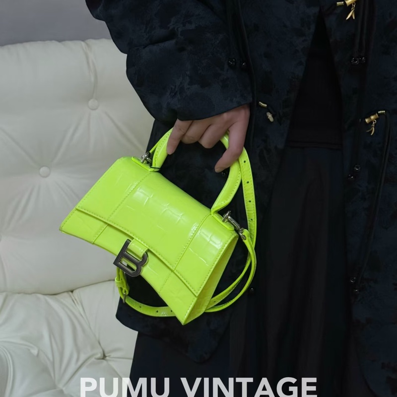 Balenciaga • Hourglass螢光綠鱷魚壓紋牛皮沙漏包銀釦 Xs-2