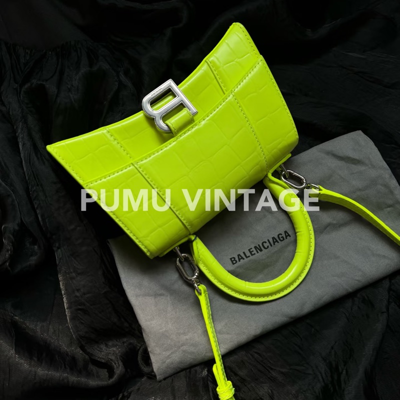 Balenciaga • Hourglass螢光綠鱷魚壓紋牛皮沙漏包銀釦 Xs-3