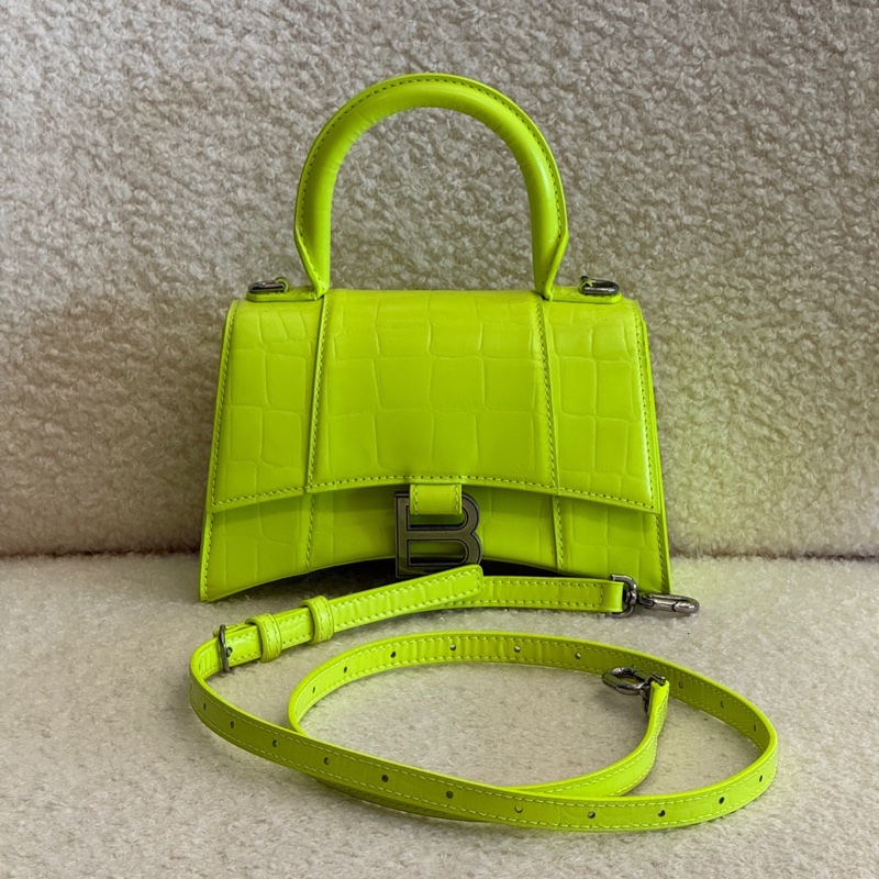 Balenciaga • Hourglass螢光綠鱷魚壓紋牛皮沙漏包銀釦 Xs-5