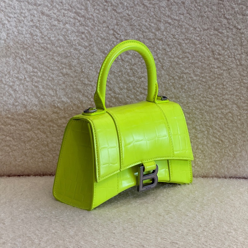 Balenciaga • Hourglass螢光綠鱷魚壓紋牛皮沙漏包銀釦 Xs-8