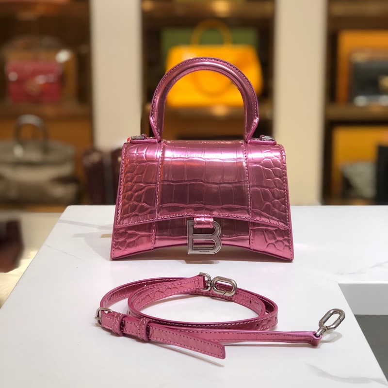 Balenciaga • Hourglass電光粉鱷魚壓紋牛皮沙漏包銀釦 Xs-1