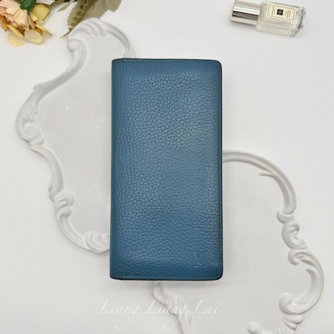LOUIS VUITTON LV 荔枝紋牛皮藍綠色長夾