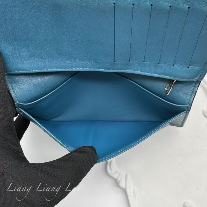 LOUIS VUITTON LV 荔枝紋牛皮藍綠色長夾-14