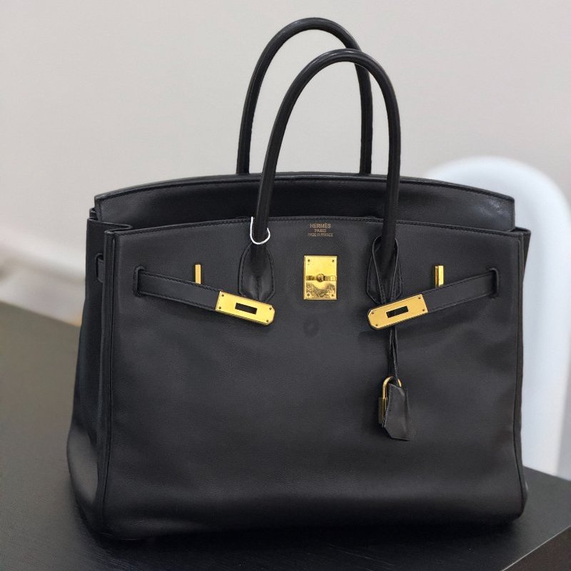 愛馬仕Birkin35 黑金 Evergrain皮 手提包-5