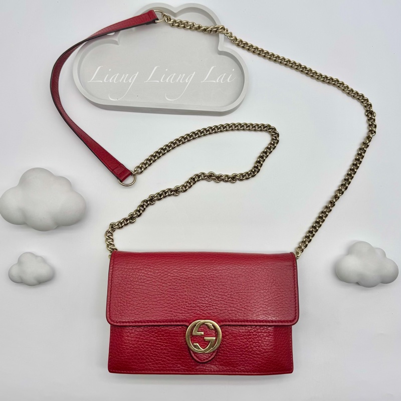 GUCCI 古馳 經典雙G金屬LOGO荔枝紋牛皮鏈帶WOC肩背包｜斜背包-0