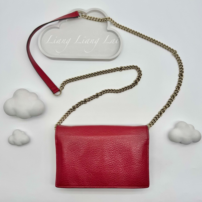 GUCCI 古馳 經典雙G金屬LOGO荔枝紋牛皮鏈帶WOC肩背包｜斜背包-1