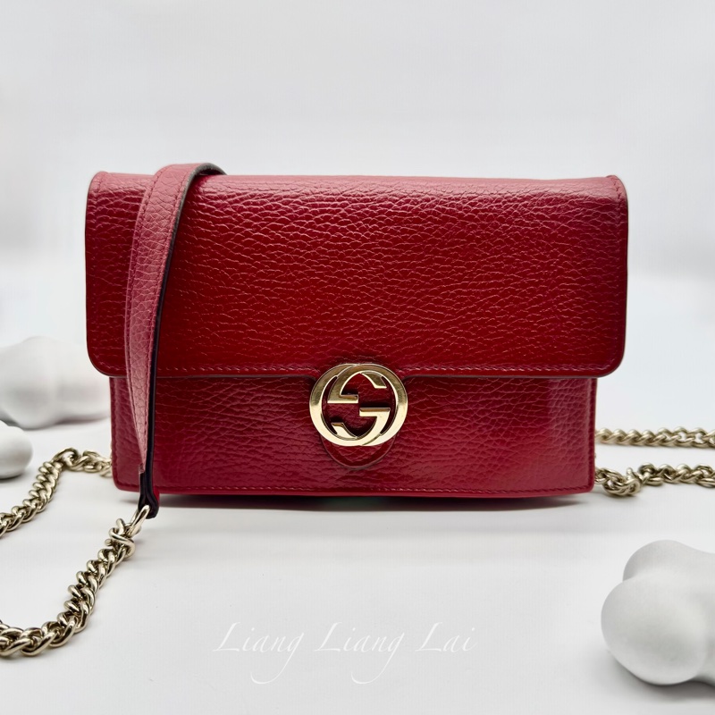 GUCCI 古馳 經典雙G金屬LOGO荔枝紋牛皮鏈帶WOC肩背包｜斜背包-4