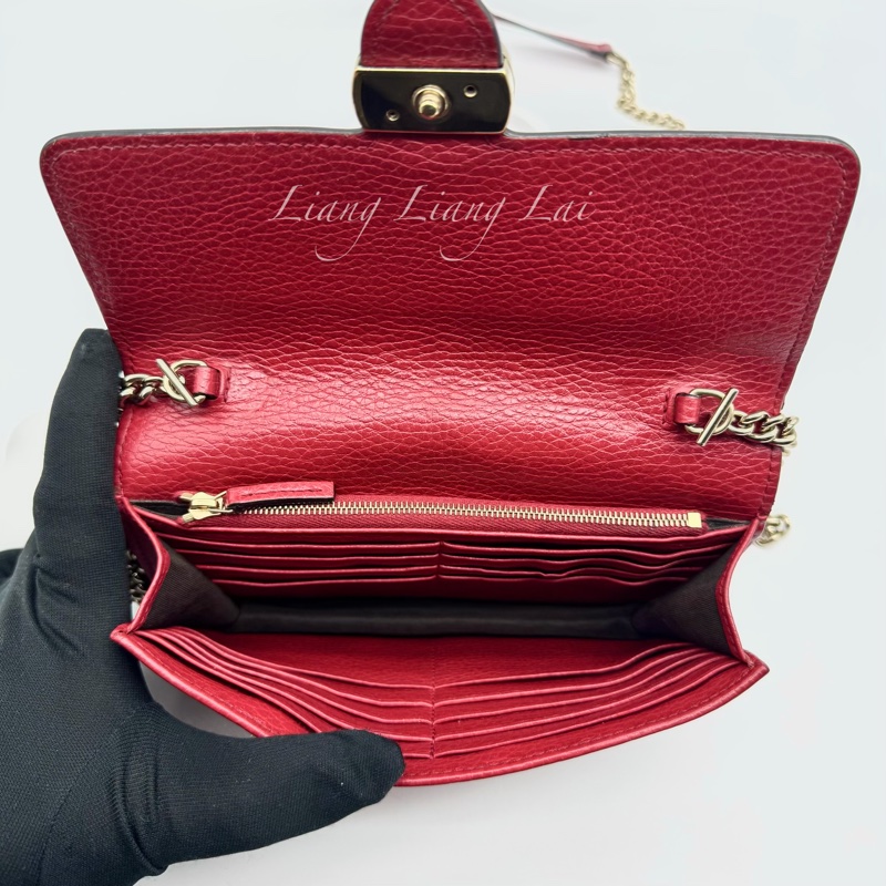GUCCI 古馳 經典雙G金屬LOGO荔枝紋牛皮鏈帶WOC肩背包｜斜背包-5