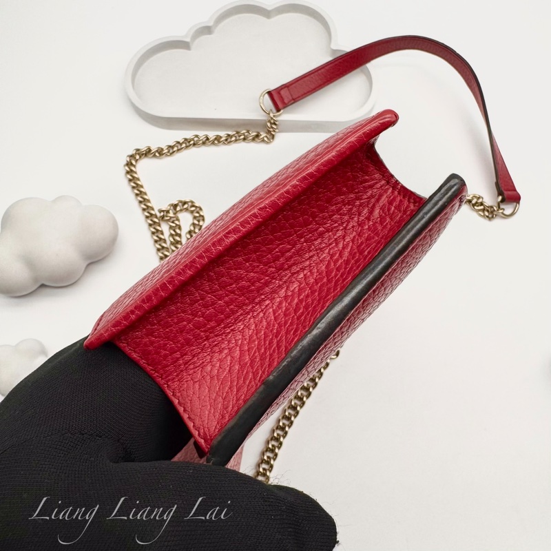 GUCCI 古馳 經典雙G金屬LOGO荔枝紋牛皮鏈帶WOC肩背包｜斜背包-9