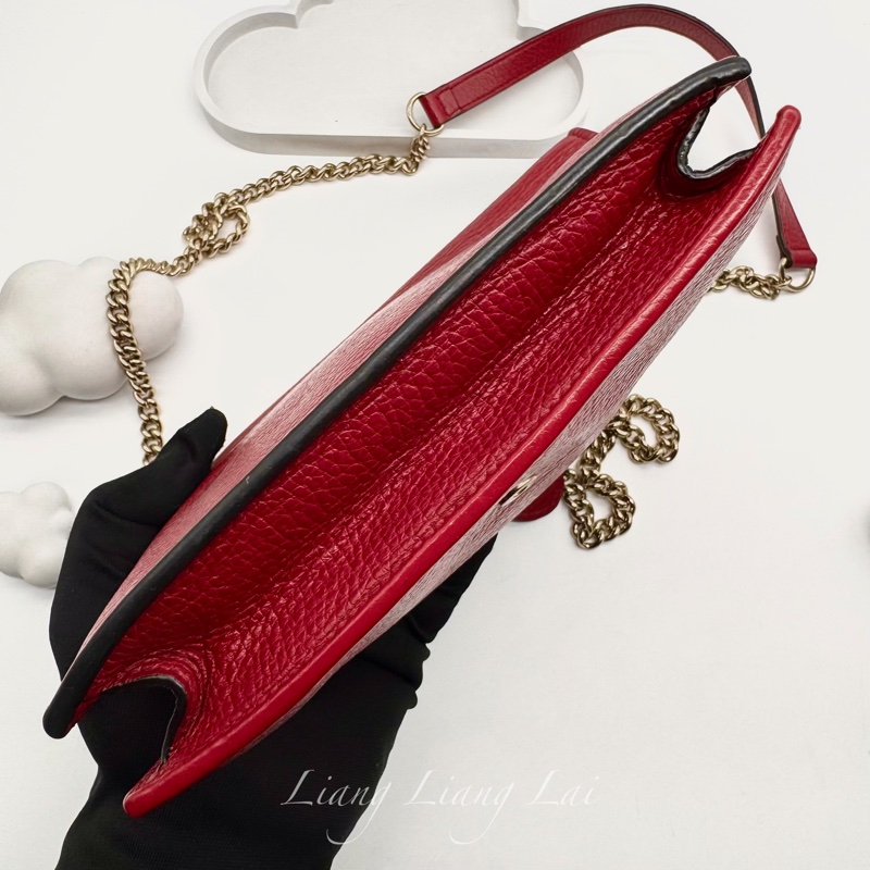 GUCCI 古馳 經典雙G金屬LOGO荔枝紋牛皮鏈帶WOC肩背包｜斜背包-10