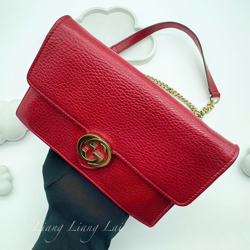 GUCCI 古馳 經典雙G金屬LOGO荔枝紋牛皮鏈帶WOC肩背包｜斜背包-17