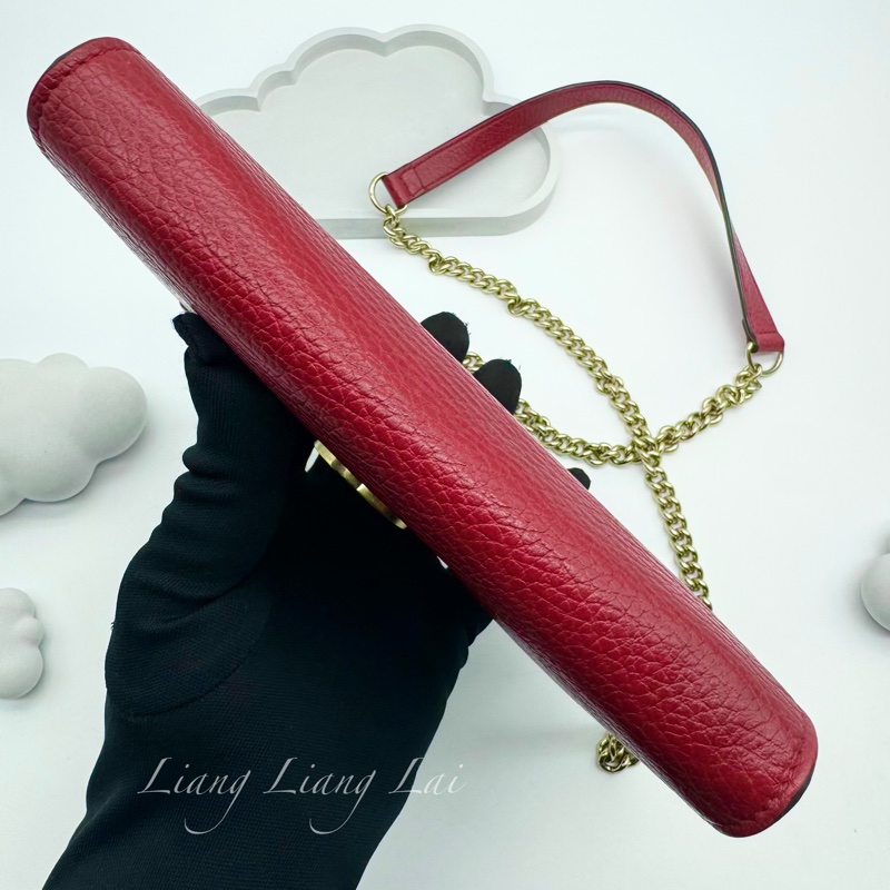 GUCCI 古馳 經典雙G金屬LOGO荔枝紋牛皮鏈帶WOC肩背包｜斜背包-19