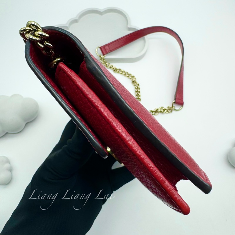 GUCCI 古馳 經典雙G金屬LOGO荔枝紋牛皮鏈帶WOC肩背包｜斜背包-21